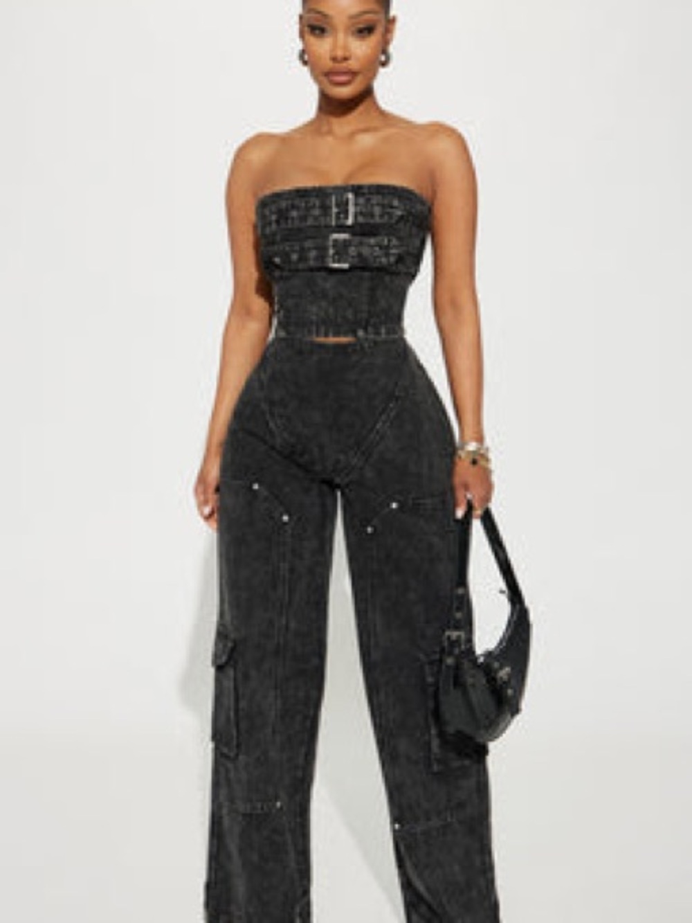Strapless Buckle Denim Corset Top and Cargo Pants Set - Black